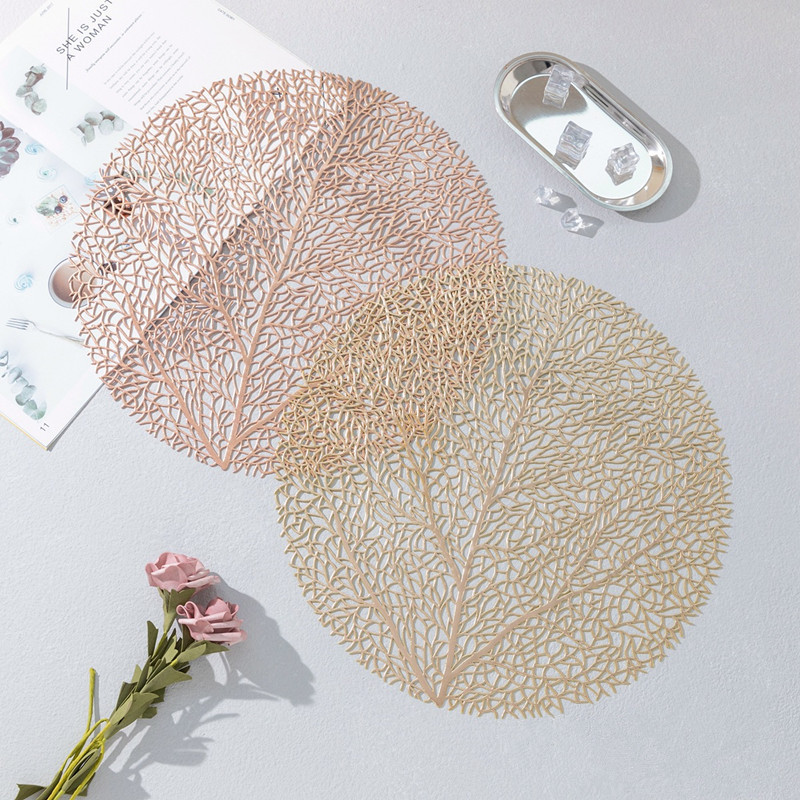 wholesale Table Decor Hollow Out tree lace round Metallic Gold Charger Plates Mats Vinyl PVC Placemats for wedding