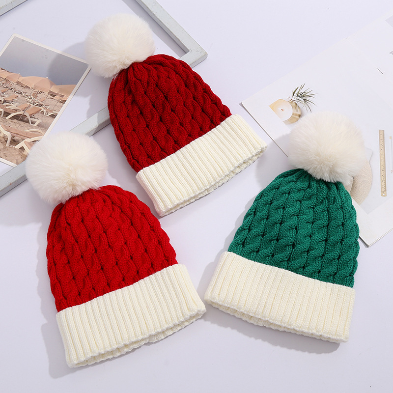 Christmas Hats Warm Winter Beanie Knitted Hats Merry Xmas Red White Pom Pom Beanies for Winter Men Women Kids Adult