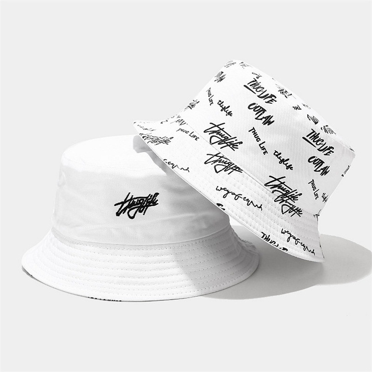 Two Side Bucket Hat One Side With Embroidery Logo On Front One Side With All Over Printed Logo Reversible Bucket hat