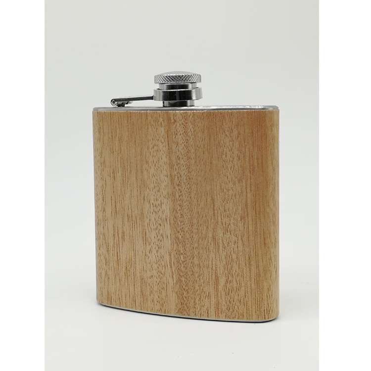 High Quality  6oz Stainless Steel Wooden Alcohol Hip Flasks Custom Gift Pack Wood Grain Leather Wrap Liquor Whiskey Hip Flask