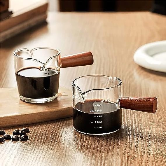 Espresso cup with Wooden Handle 75ML Double Spout Mini Measuring Cup Espresso Accessories for Making Milk Coffee