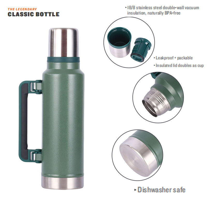 1.4L Vacuum Stainless Steel Double Walled Outdoor Car Travel Pot Classic Legendary Large Hammertone Green Thermal Water Bottle