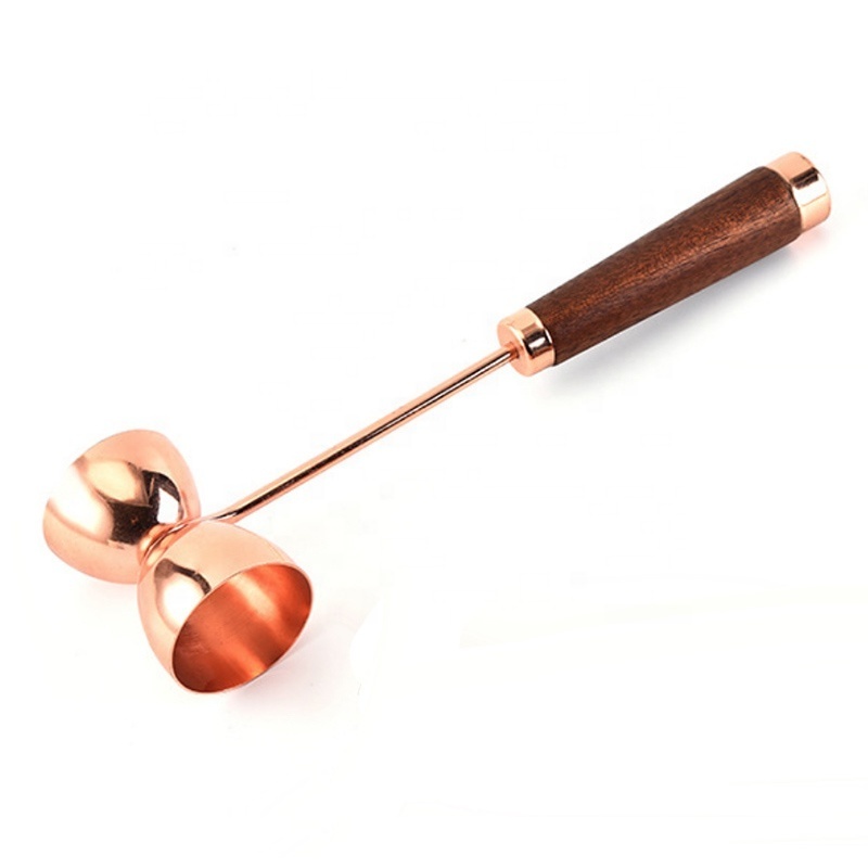 Beverage Bar Cocktail Strainer  Wooden Handle Jigger Copper Electro Plated Double Gold Slim Jigger with Wood Handle Paddle