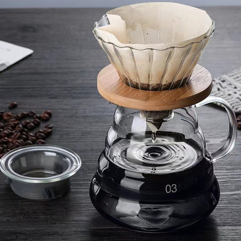 V60 Glass Coffee Filter Pour Over Coffee Cone with Bamboo Stand Dripper Set Coffee Maker Funnel Accessories for Home or Office