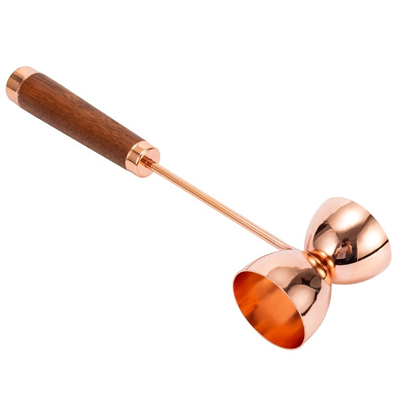 Beverage Bar Cocktail Strainer  Wooden Handle Jigger Copper Electro Plated Double Gold Slim Jigger with Wood Handle Paddle