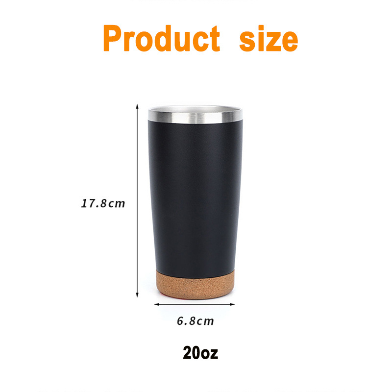 20oz Tumbler with Cork Bottom Wooden Insulated Stainless Steel Travel Car Coffee Mug Cup Beer Pint with Opener Lid