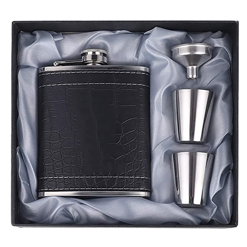 6oz 7oz 8oz Stainless Steel Hip Flask Set Men Gift Set with Shot Glasses Funnel for Alcohol Leather Hip Flask Whisky Glass