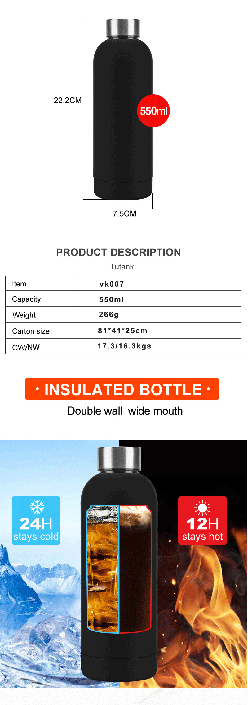 Cheap 500ml Reusable Thermos Double Wall Insulated Stainless Steel Sport Water Bottles In Bulk