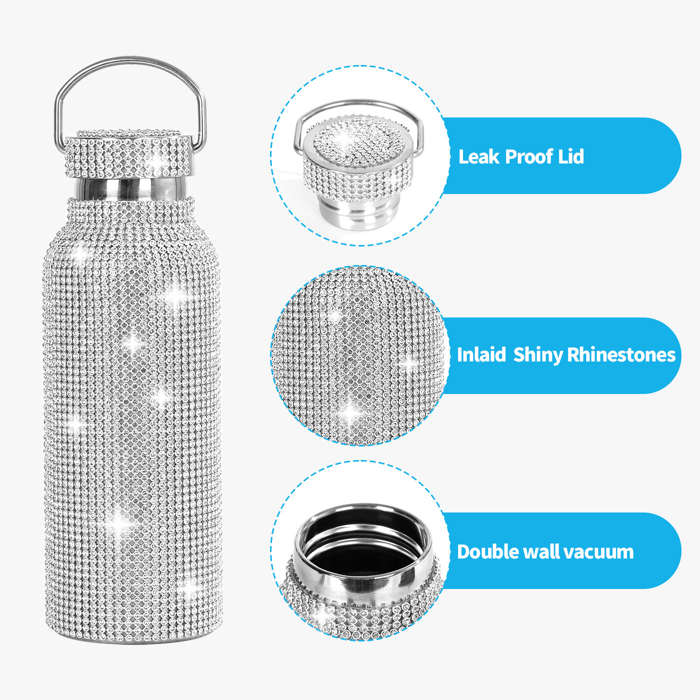 Diamond Water Bottle Bling Rhinestone Stainless Steel Sport Vacuum Insulated Thermal Water Bottle Glitter with Chain