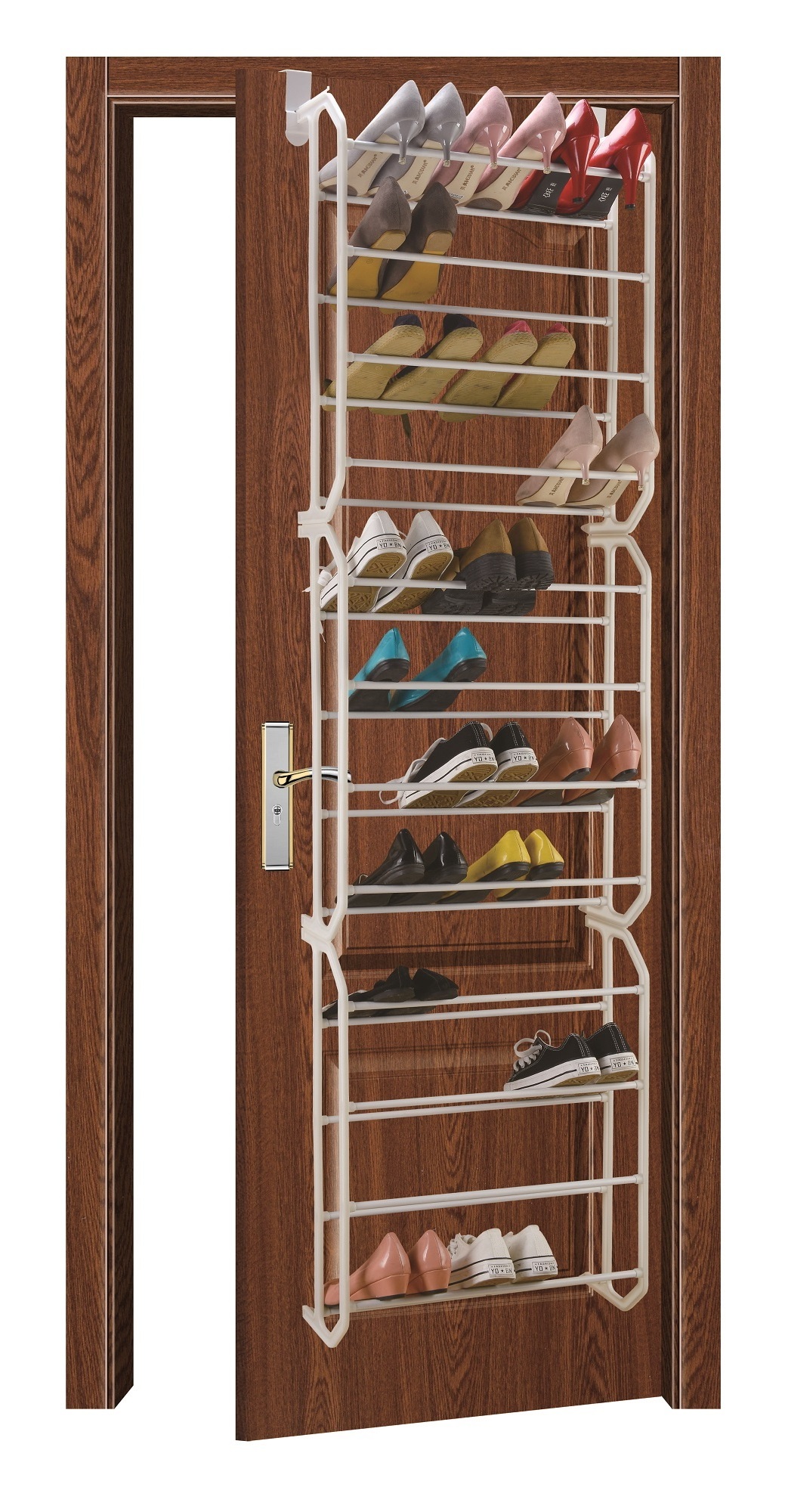 Hang shoe rack behind door for storage