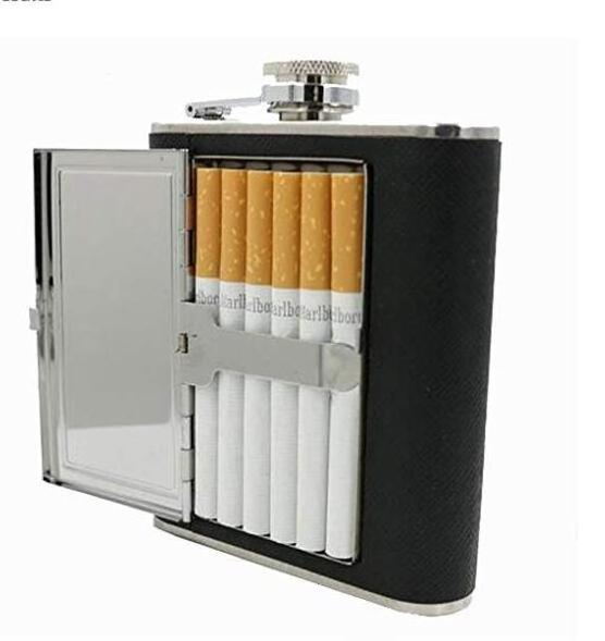 6oz PU Leather Wrapped Stainless Steel Hip Flask Liquor Alcohol Bottle with Built-in Cigar Case Holder and Funnel Set