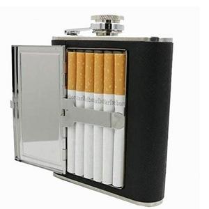 6oz PU Leather Wrapped Stainless Steel Hip Flask Liquor Alcohol Bottle with Built-in Cigar Case Holder and Funnel Set