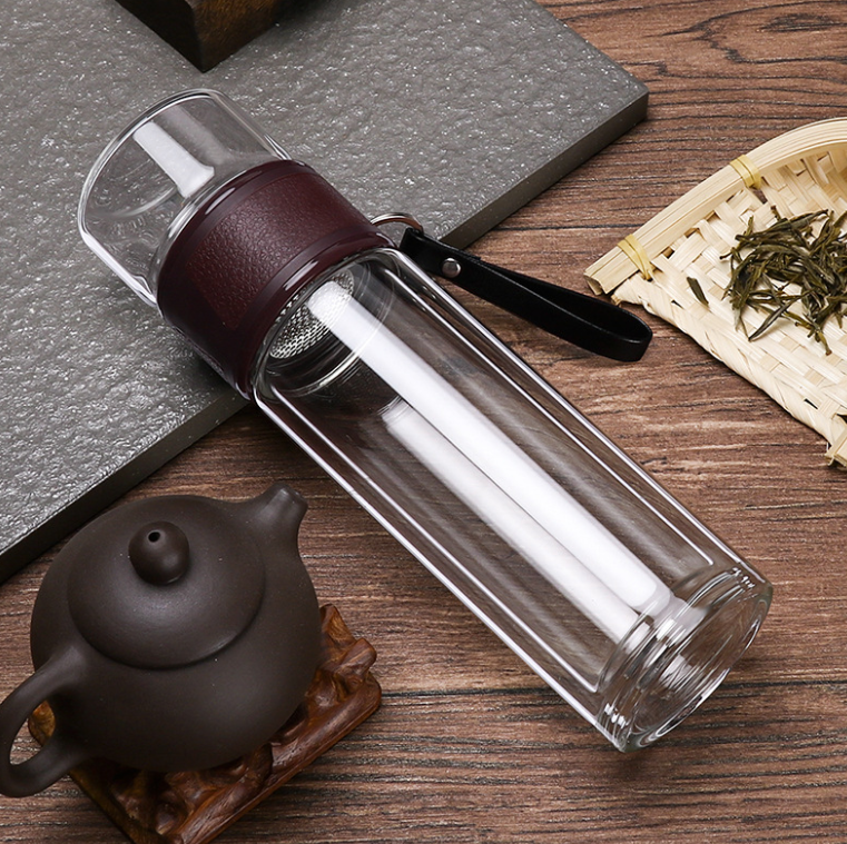 Leak-proof 13oz Double Wall Glass Water Bottle Tea and Water Separation Tea Bottle Mug Cup with Tea Infuser and handle,