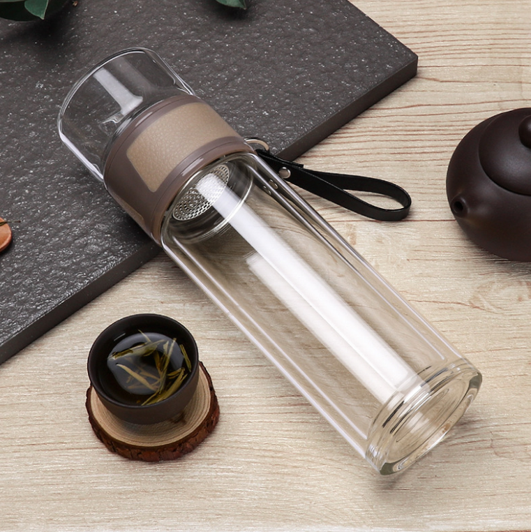 Leak-proof 13oz Double Wall Glass Water Bottle Tea and Water Separation Tea Bottle Mug Cup with Tea Infuser and handle,