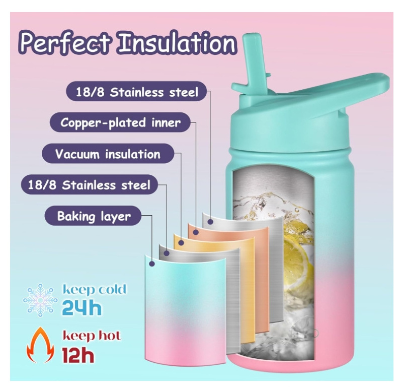 Stainless Steel 12oz Kids Water Bottle with Straw Lid, Wide Mouth 12oz Double Wall Vacuum Kids Insulated Water Bottle