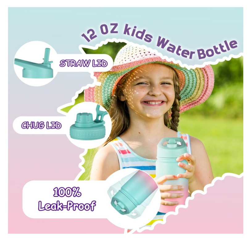 Stainless Steel 12oz Kids Water Bottle with Straw Lid, Wide Mouth 12oz Double Wall Vacuum Kids Insulated Water Bottle