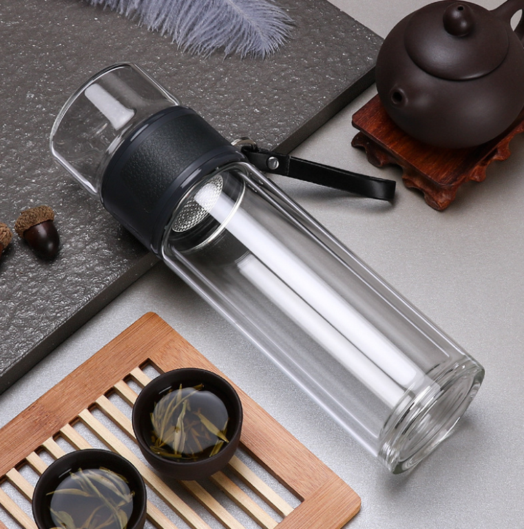 Leak-proof 13oz Double Wall Glass Water Bottle Tea and Water Separation Tea Bottle Mug Cup with Tea Infuser and handle,