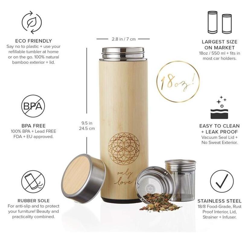 wholesales Bamboo Tea Infuser Travel Tumbler with stainless steel infuser, 18oz stainless steel bamboo Vacuum Insulated Bottle