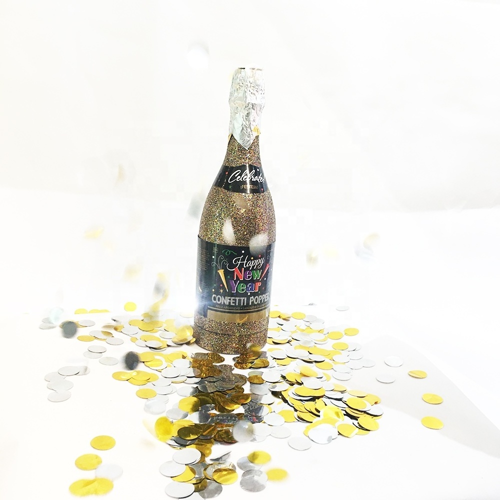 Disposable Shiny Glitter Party Metallic Round Gold and Silver Champagne Bottle Confetti Cannon Party Poppers