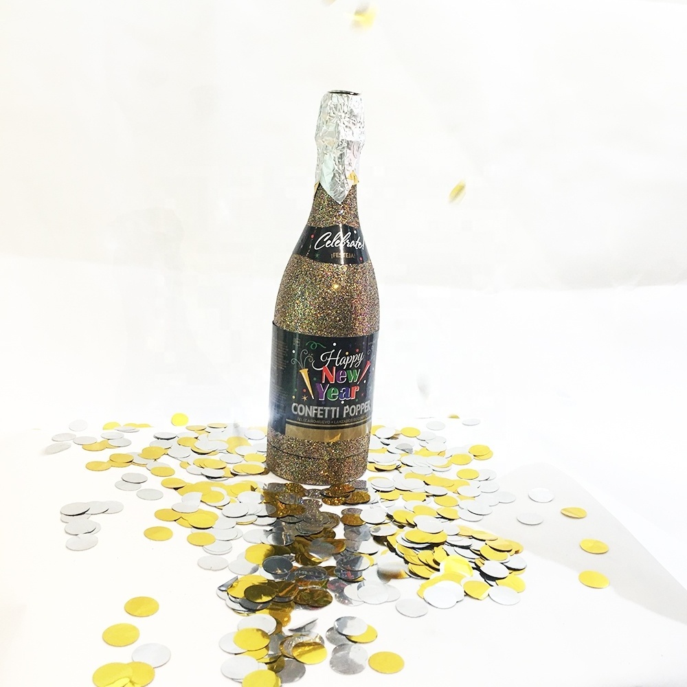 Disposable Shiny Glitter Party Metallic Round Gold and Silver Champagne Bottle Confetti Cannon Party Poppers