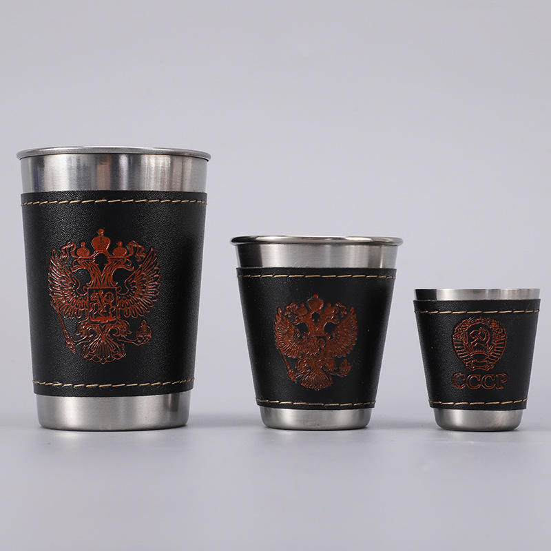 Ju Sheng Custom Logo Shot Glasses Wine Glass Set Case Stainless Steel Metal Shot with Pu Leather Tequila Set/4pcs 1oz 6oz 180ml