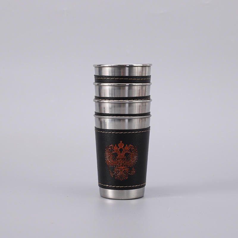 Ju Sheng Custom Logo Shot Glasses Wine Glass Set Case Stainless Steel Metal Shot with Pu Leather Tequila Set/4pcs 1oz 6oz 180ml