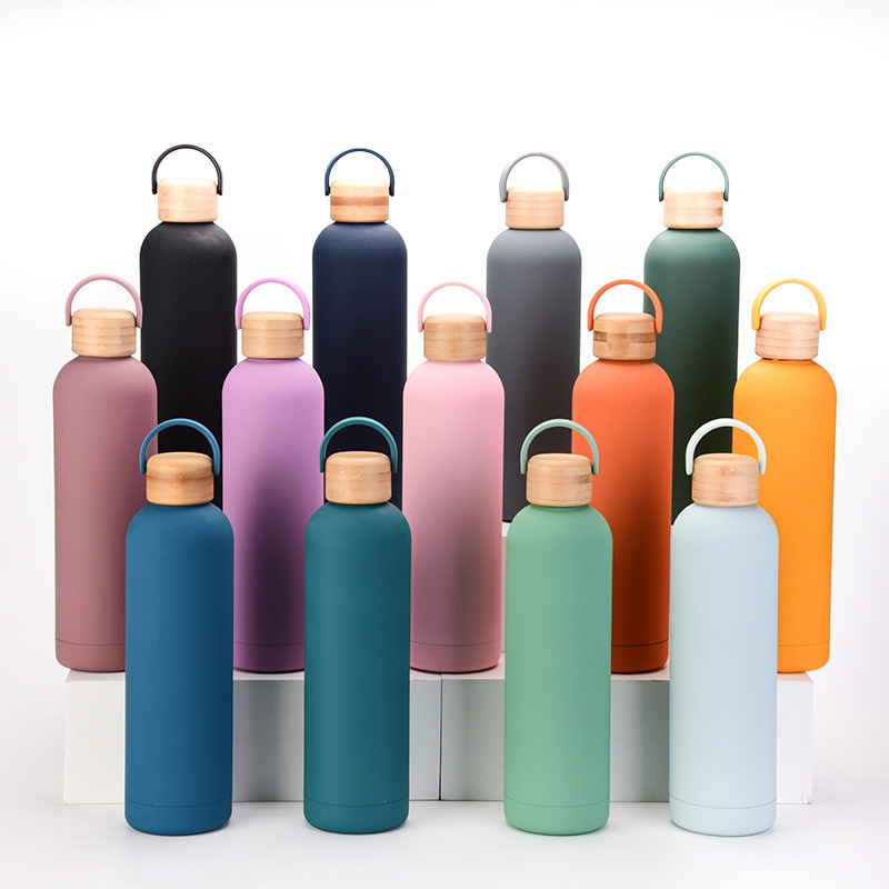 Environmentally friendly bamboo Sports Thermos Stainless Steel Double Wall Vaccum Thermal Flask Rubber Paint Matte Soft Touch Wa