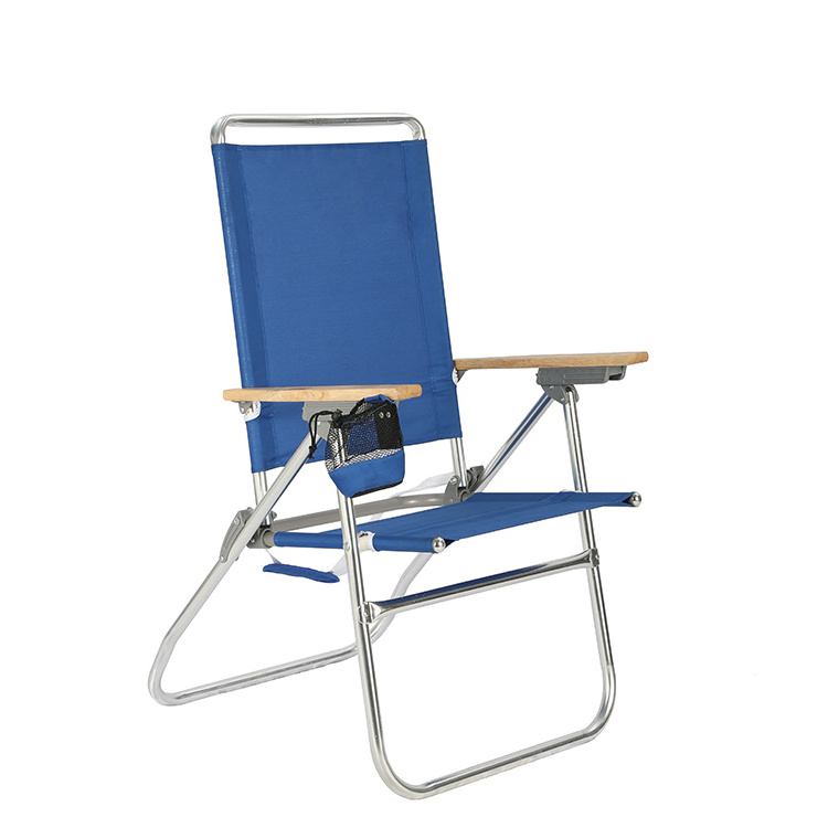 OEM 7 Position Outdoor high portable leisure folding camping beach chair with wooden arms