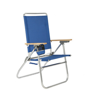 OEM 7 Position Outdoor high portable leisure folding camping beach chair with wooden arms