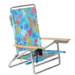 OEM 5 Position Outdoor Portable Aluminium chaise Lounger Folding Beach Chair with Solid Wooden Arms