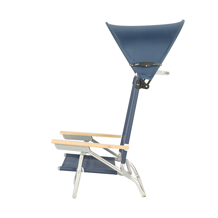 5 Position Outdoor Portable Foldable Reclining Aluminium Beach Chair with Canopy and Wooden Arms