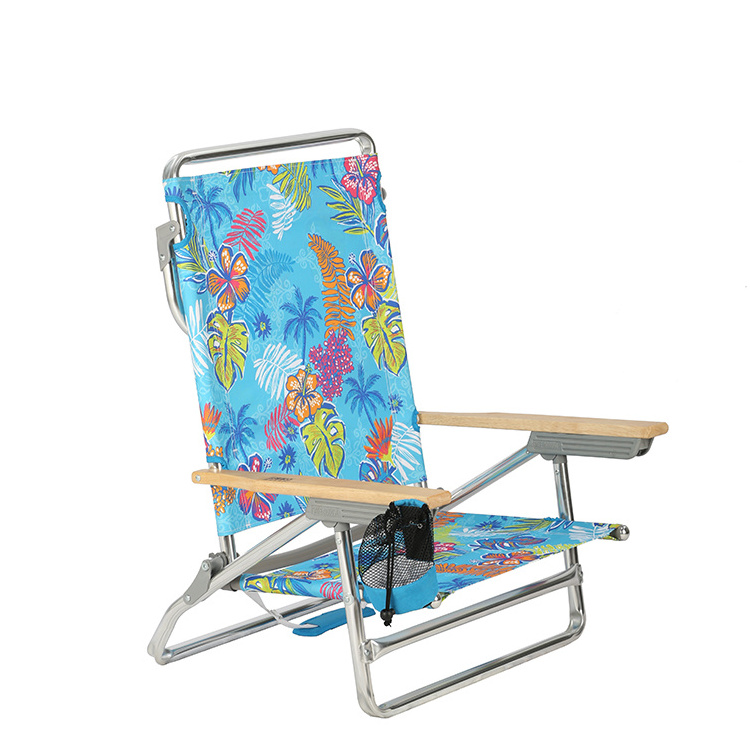 Custom 5 Position Wooden Armrest Outdoor Portable Lightweight Aluminium Folding Beach Chair for Heavy People