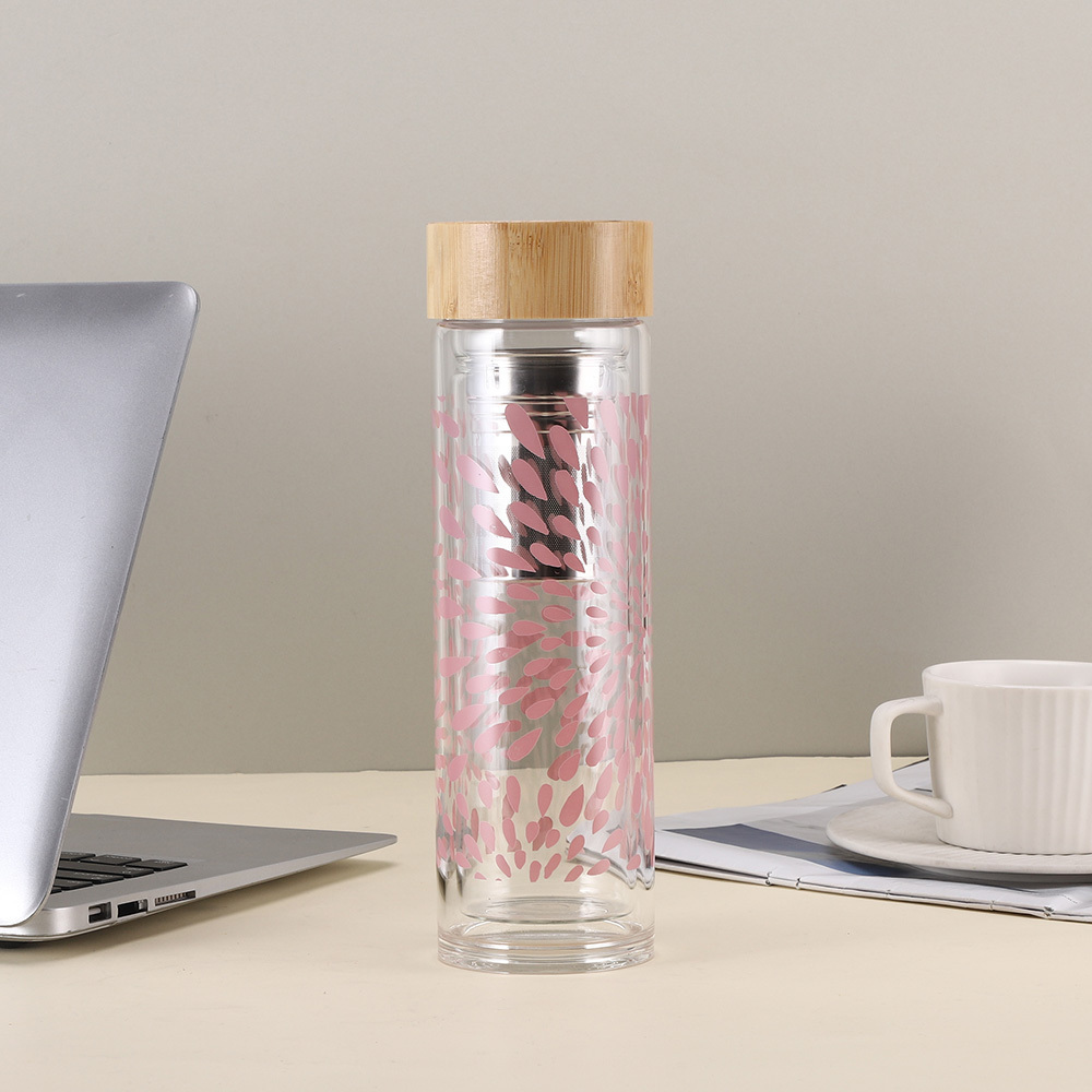 Tea Tumbler with Infuser - BPA Free Double Wall Glass Travel Tea Mug with Stainless Steel Filter - Leakproof Tea Bottle