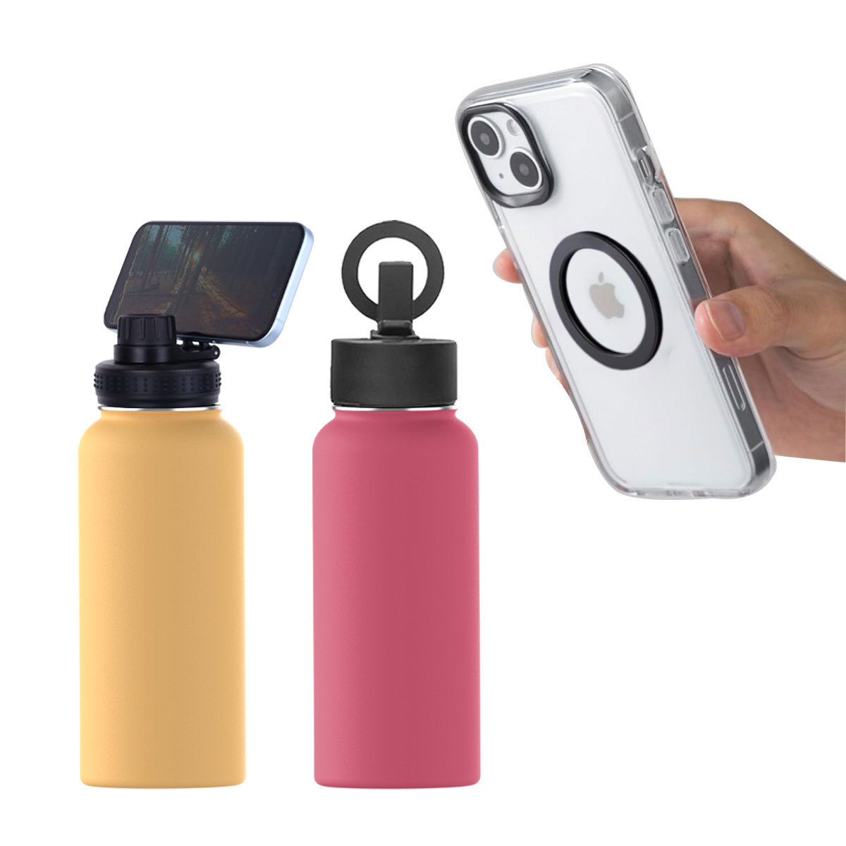 Customized Stainless Steel Vacuum Insulated Wide Mouth Sport Water Bottle with Magnetic Cell Phone Holder