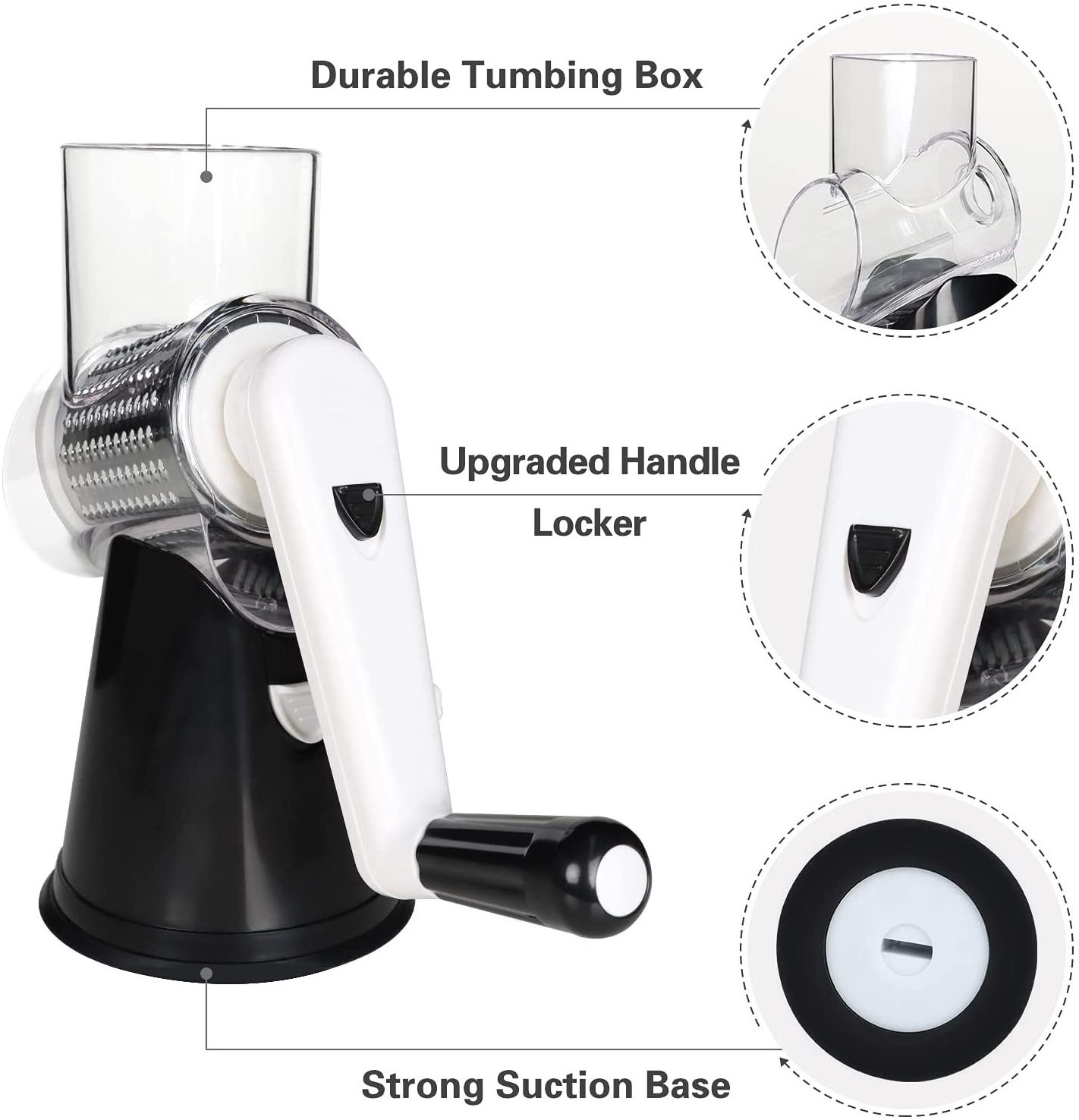 Multifunctional 3-in-1 Stainless Steel Cheese Shredder Handheld Vegetable Rotary Slicer Shredder with 3 Blades with Suction Cup