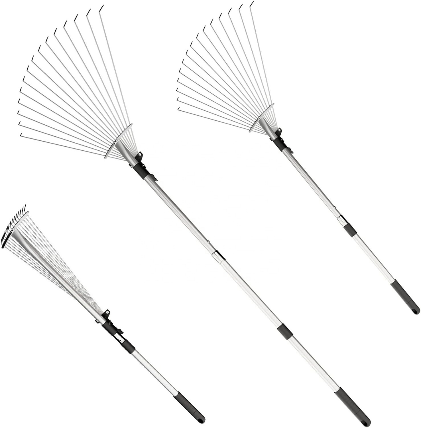 Telescoping Leaf Rake 15 Teeth Durable Stainless Steel Folding Handle Adjustable Metal Garden Leaf Rake