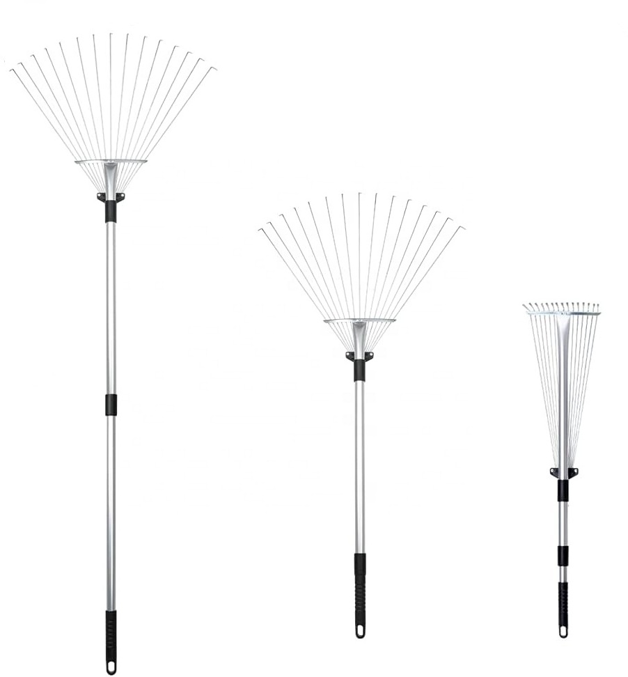 Telescoping Leaf Rake 15 Teeth Durable Stainless Steel Folding Handle Adjustable Metal Garden Leaf Rake