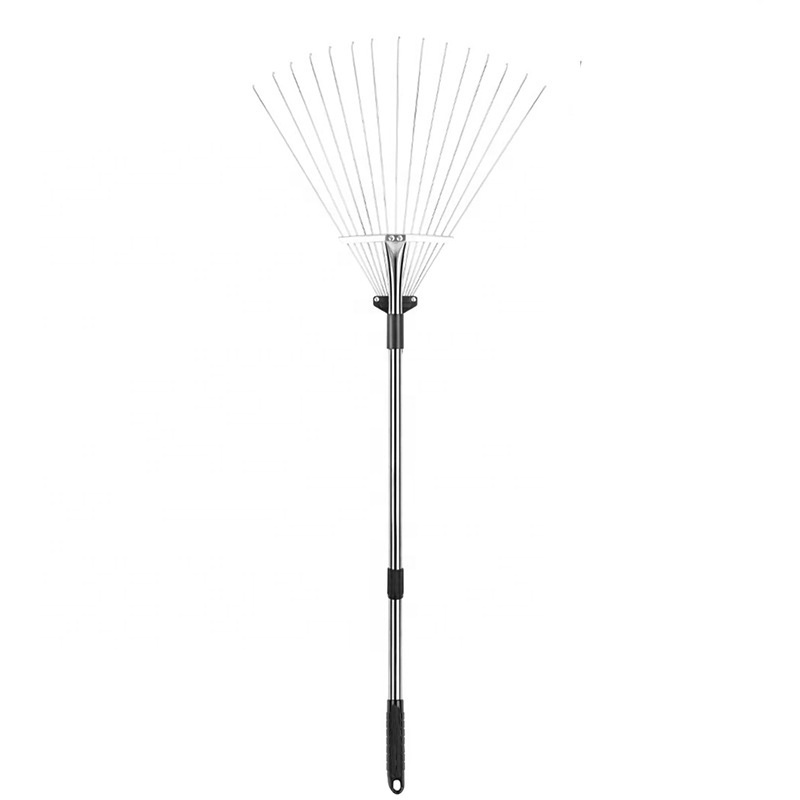 Telescoping Leaf Rake 15 Teeth Durable Stainless Steel Folding Handle Adjustable Metal Garden Leaf Rake