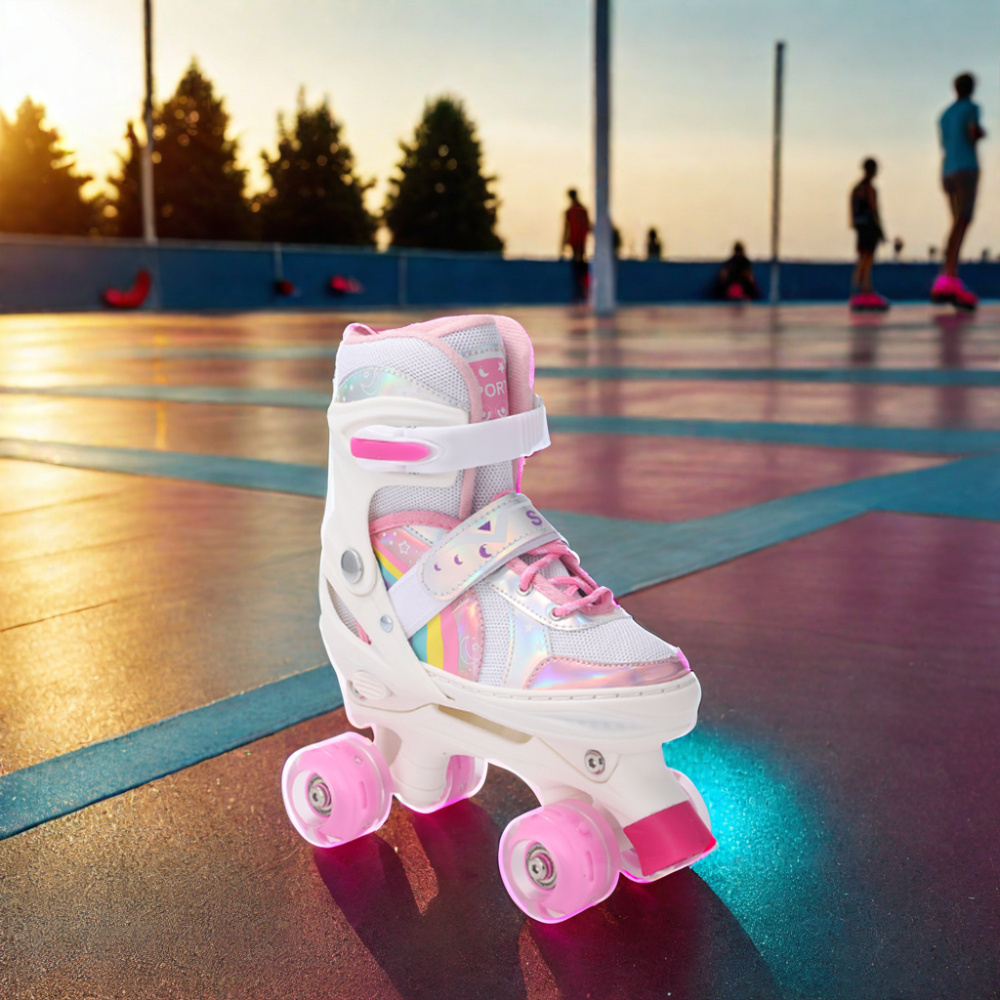 Roller Skates for Girls Kids Toddlers Adjustable 4 Size Rainbow Unicorn Quad Skates with Light Up Wheels