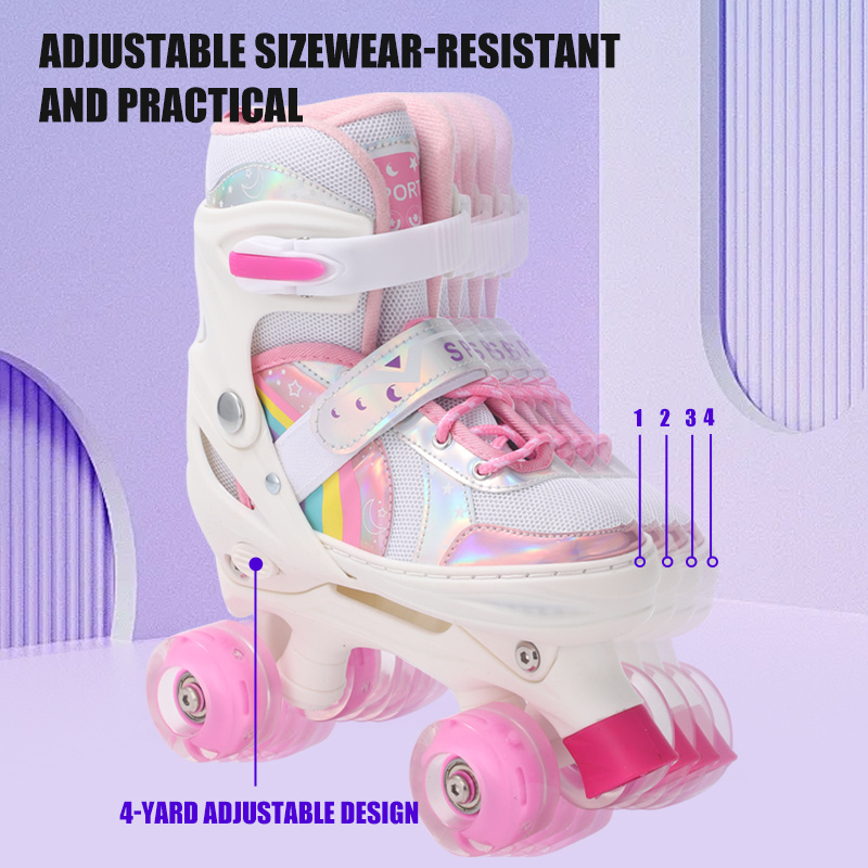 Roller Skates for Girls Kids Toddlers Adjustable 4 Size Rainbow Unicorn Quad Skates with Light Up Wheels