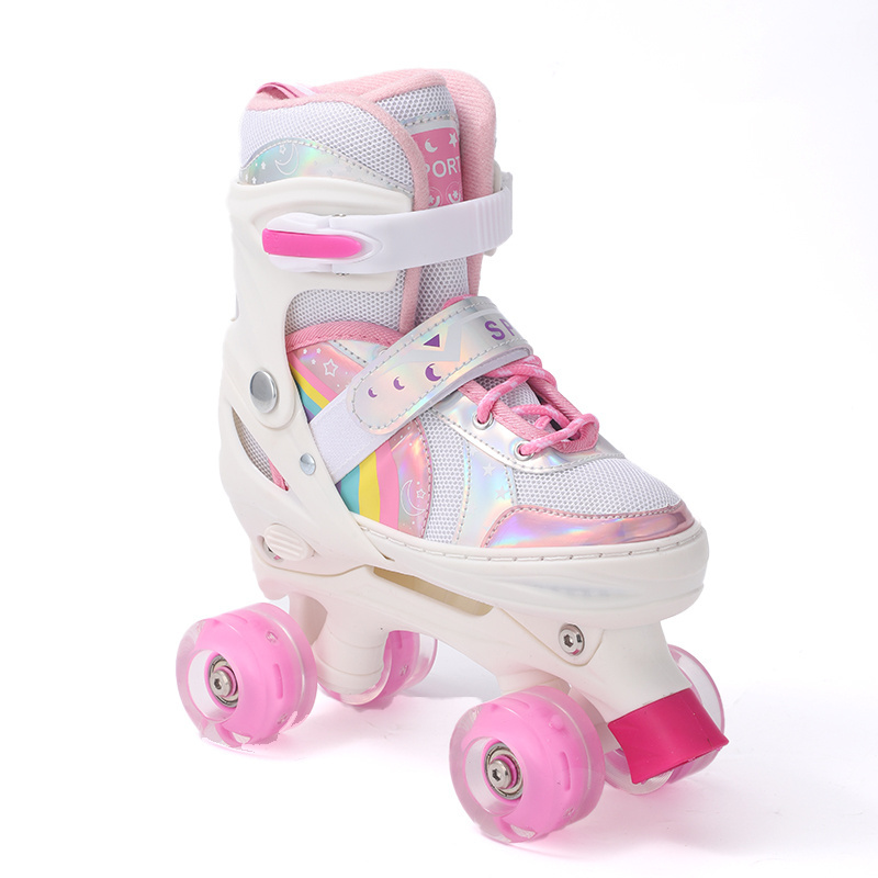 Roller Skates for Girls Kids Toddlers Adjustable 4 Size Rainbow Unicorn Quad Skates with Light Up Wheels