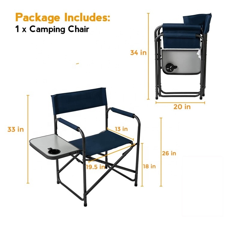 Hot sale OEM Portable Extra Wide Design Makeup Artist Chair Modern Outdoor Folding Metal Director Chair With Side Table