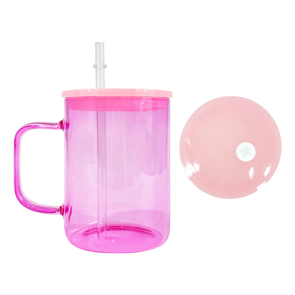 2023 Crystal clear sublimation glass mug with pp lid transparent 17oz jelly glass mug with colored plastic lid for gifts