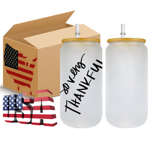 USA WAREHOUSE 16oz frosted matte DIY Blank sublimation Can Soda Shaped Beer Glass Cups with bamboo lid and  clear plastic straw