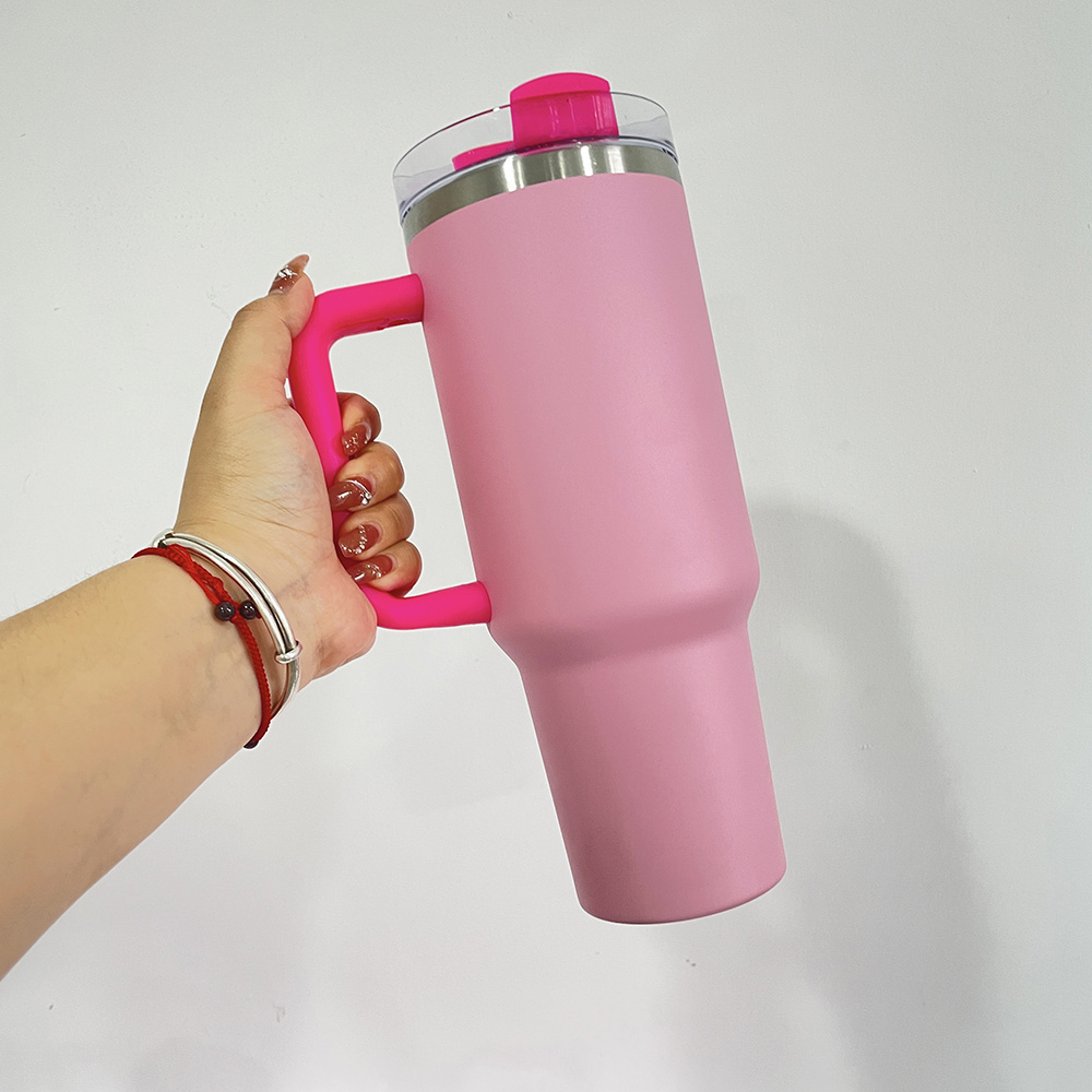 powder coated Pink 40oz Tumbler Cup cameliapink Hot Pink Flamingo 40oz Quencher Tumbler with handle