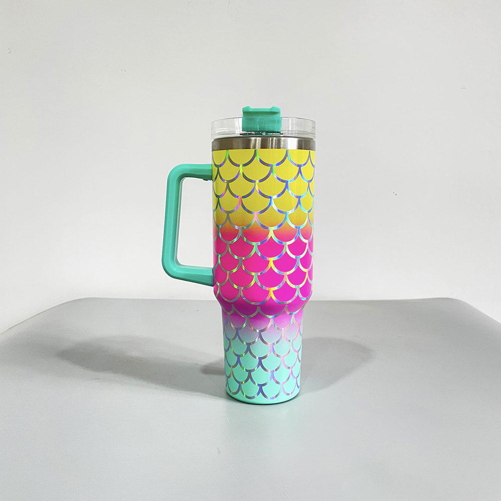 3 Colors Ombre Holographic Fish Scales Print Travel Mug Double Walled Stainless Steel 40oz Mermaid Coffee Cups with Handle