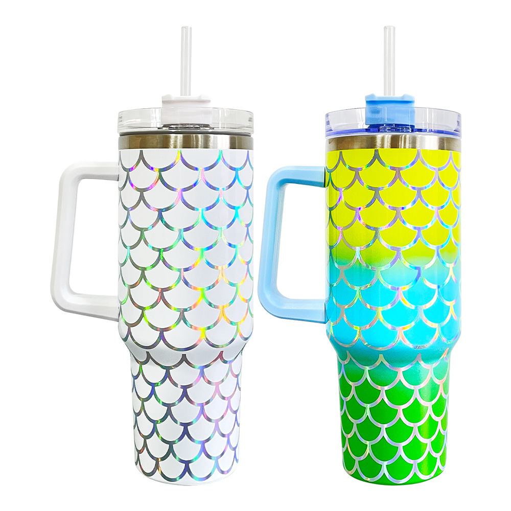 3 Colors Ombre Holographic Fish Scales Print Travel Mug Double Walled Stainless Steel 40oz Mermaid Coffee Cups with Handle