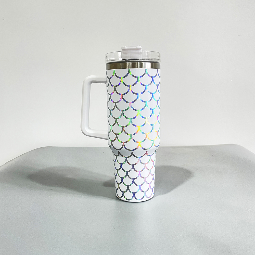 3 Colors Ombre Holographic Fish Scales Print Travel Mug Double Walled Stainless Steel 40oz Mermaid Coffee Cups with Handle