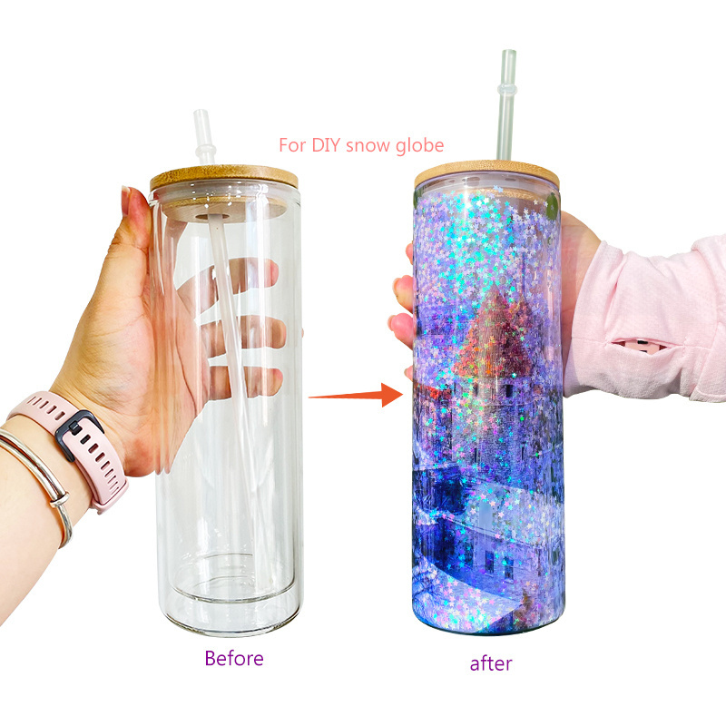 USA warehouse blank sublimation 20oz pre drilled double wall glass tumbler snow globe beer glass for sublimation and glitter