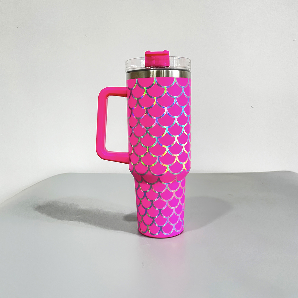 In stock 40 oz mermaid straw cup large capacity Vacuum Insulated Travel Coffee Mug holographic fish scales print travel mug